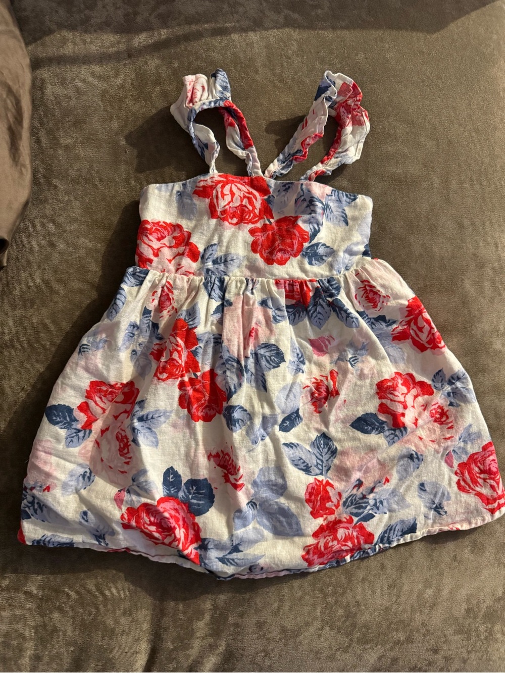 GAP Flutter V Neck Dress - Red, White Blue Roses/Floral - 3T